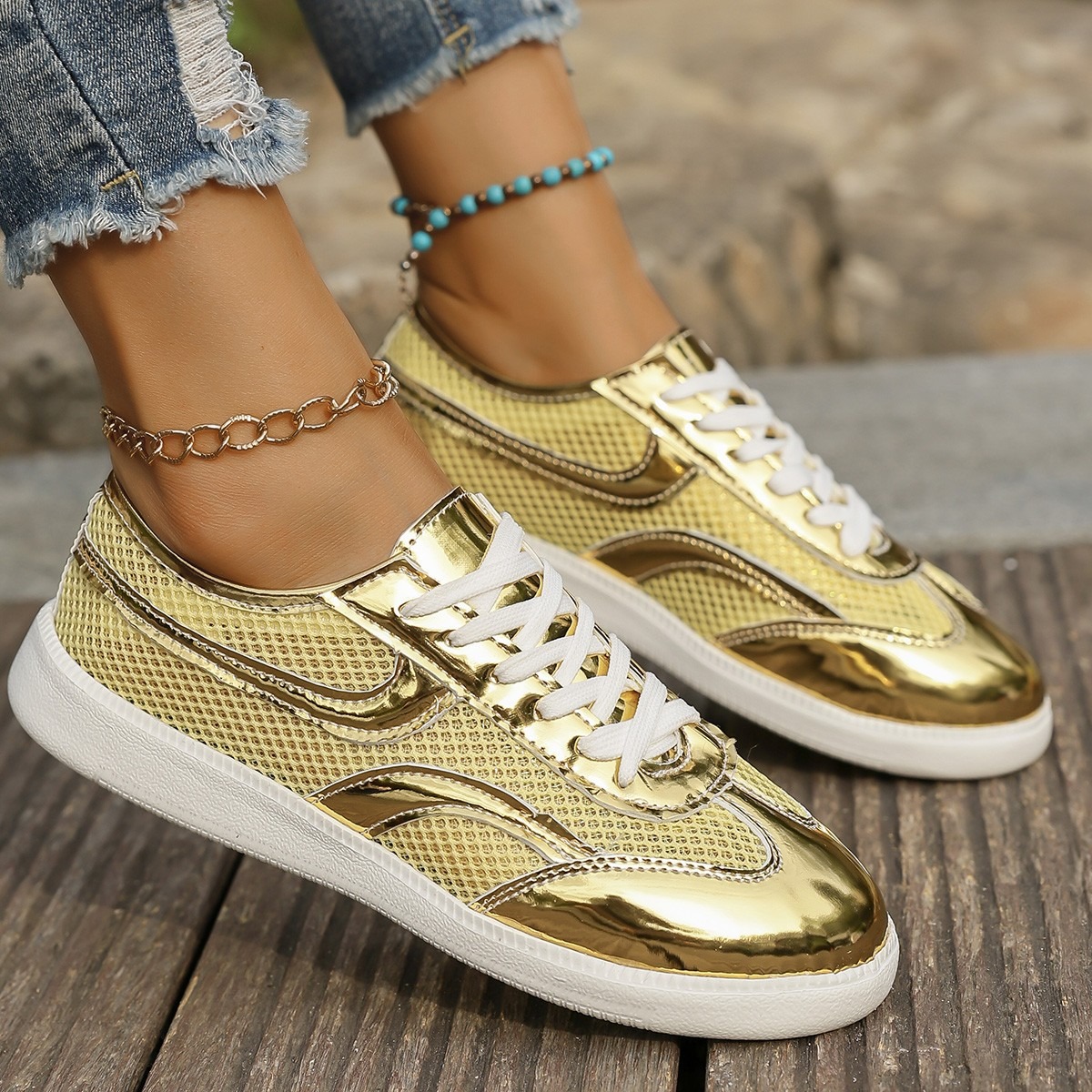 Novos tênis femininos respiráv - Knit Fabric Lace Up Sneakers avaliação e preço